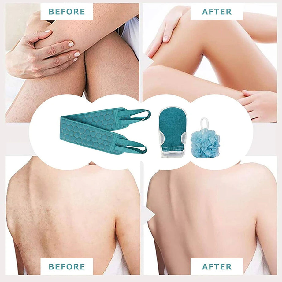 Ensemble exfoliant pour le corps - Comprend une éponge pour le dos, un gant de bain et une éponge de douche en luffa