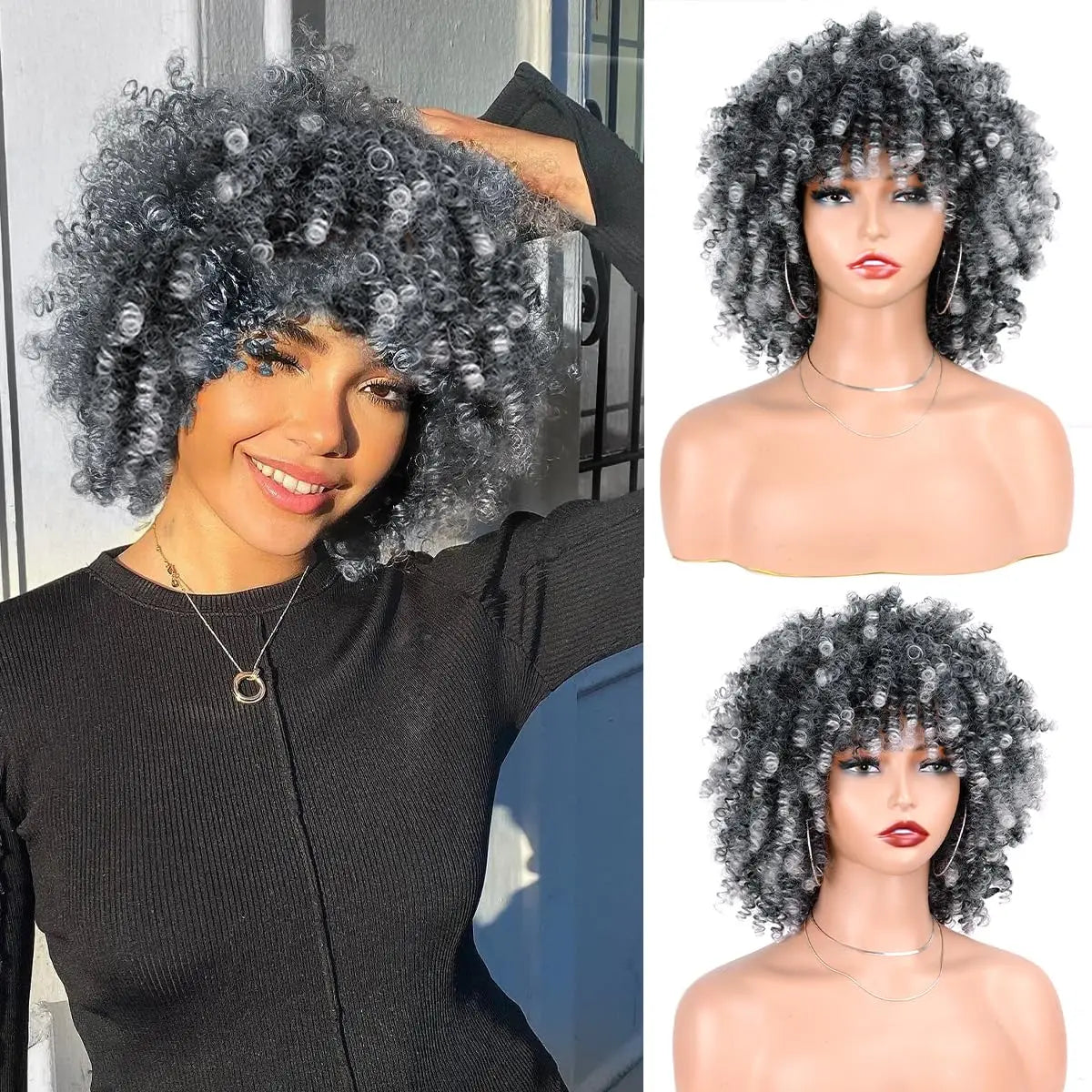 Perruque synthétique afro courte et frisée avec frange, 30 cm, pour femmes noires. Naturelle, sans colle, résistante à la chaleur, idéale pour les soirées et les fêtes.