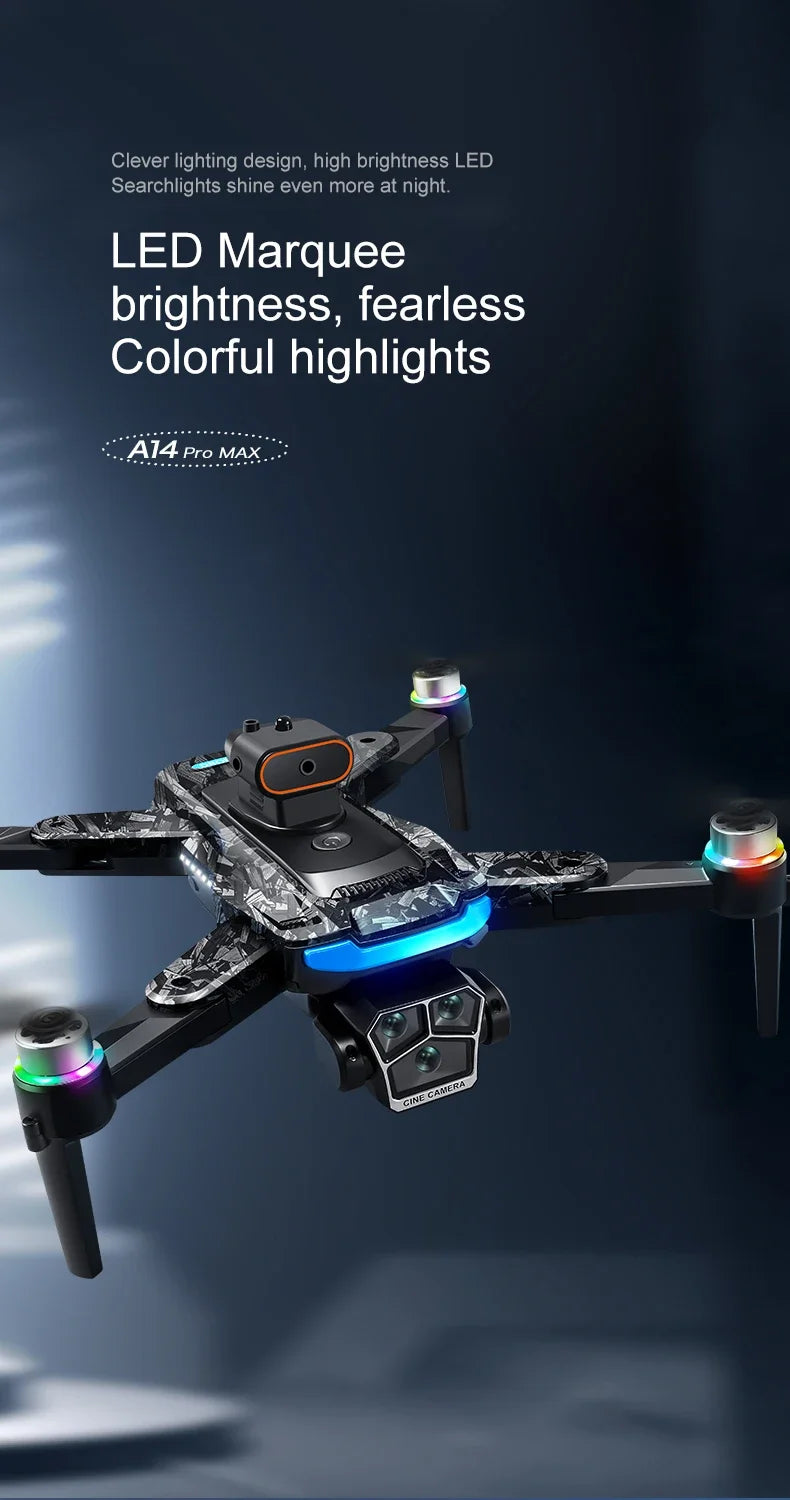 Véritable quadricoptère RC pliable A14 Pro Max GPS Brushless 8K avec trois caméras, détection d'obstacles et écran, pour une portée optimale.