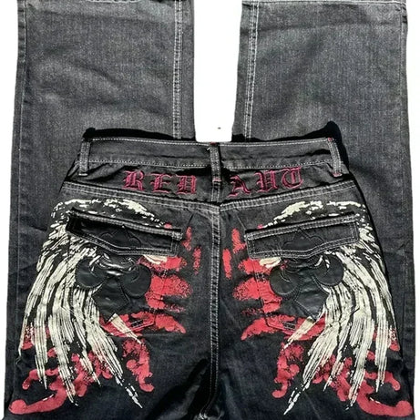 Jean tendance streetwear brodé de têtes de mort pour femme, style Harajuku Y2K, pantalon droit à jambes larges, style Joker, jean décontracté pour couple