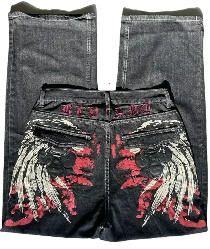 Jean tendance streetwear brodé de têtes de mort pour femme, style Harajuku Y2K, pantalon droit à jambes larges, style Joker, jean décontracté pour couple