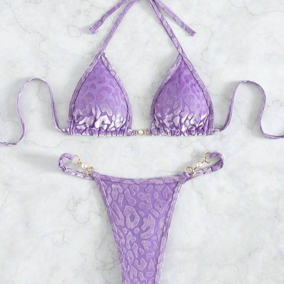 Micro bikini rose brillant 2025 Femme Sexy PU Perles Push-up String Maillot de bain été Maillot de bain bandage vacances