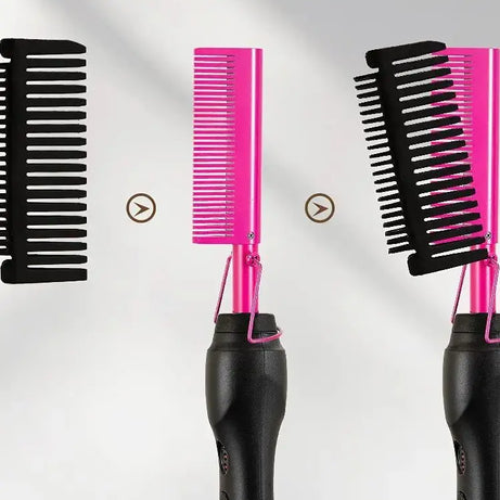 Peigne chauffant électrique rose, fer à lisser pour cheveux, barbe et perruques, utilisable sur cheveux secs ou mouillés.