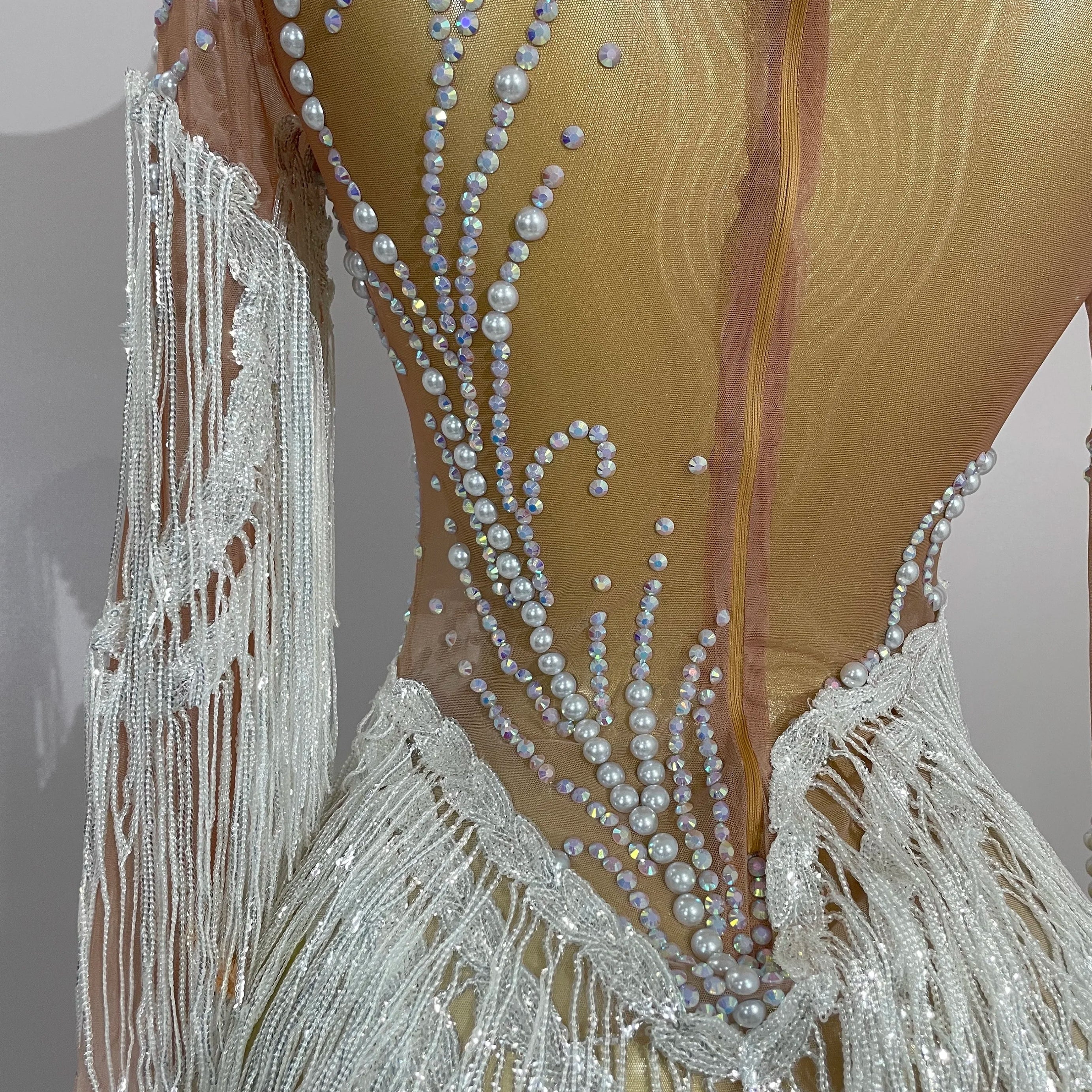 Women Sparkly Rhinestone Pearl Sequins Tassel Sexy Transparent Dress Evening Birthday Party Nightclub Dance Singer Stage Outfit