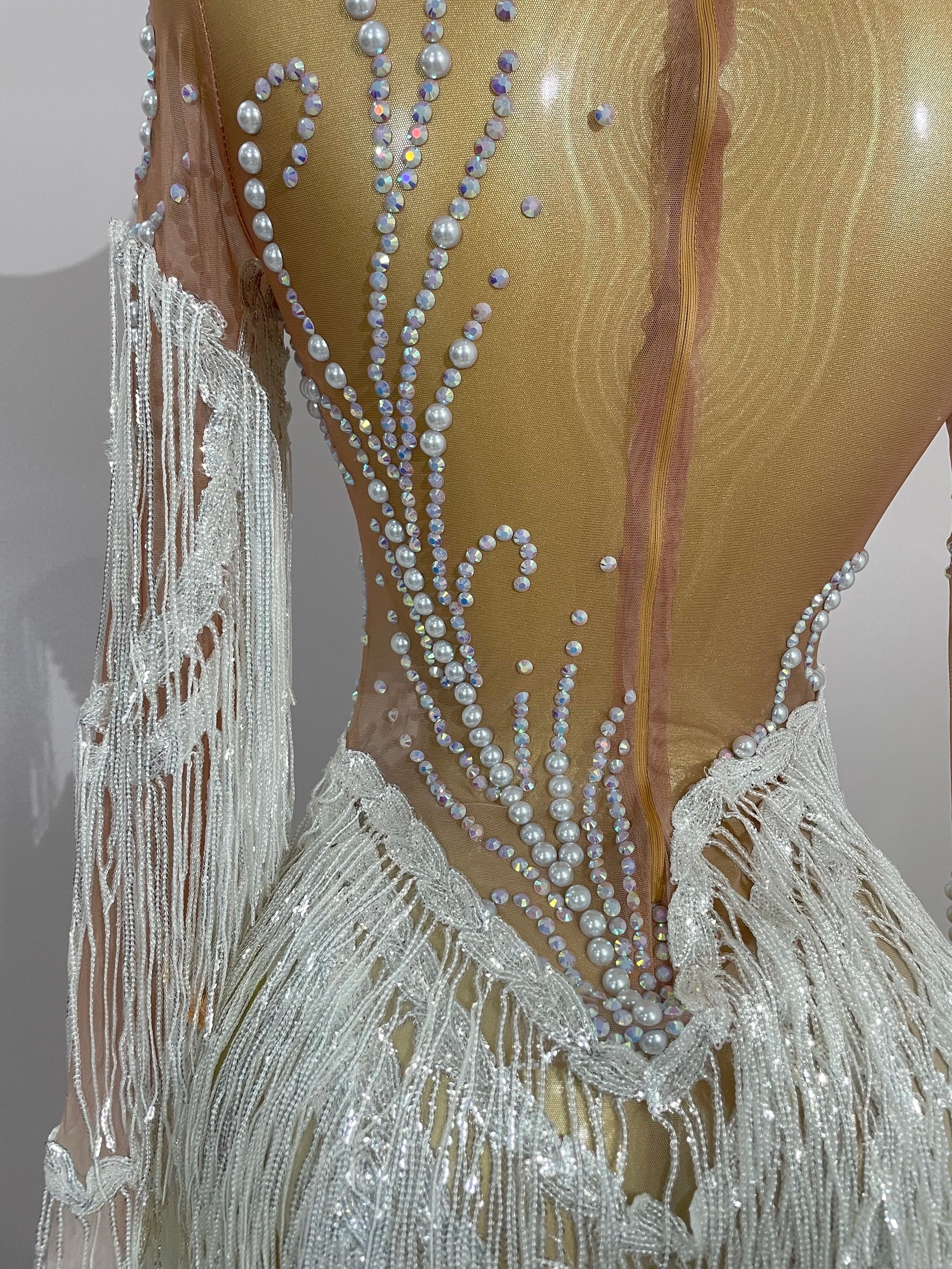 Women Sparkly Rhinestone Pearl Sequins Tassel Sexy Transparent Dress Evening Birthday Party Nightclub Dance Singer Stage Outfit