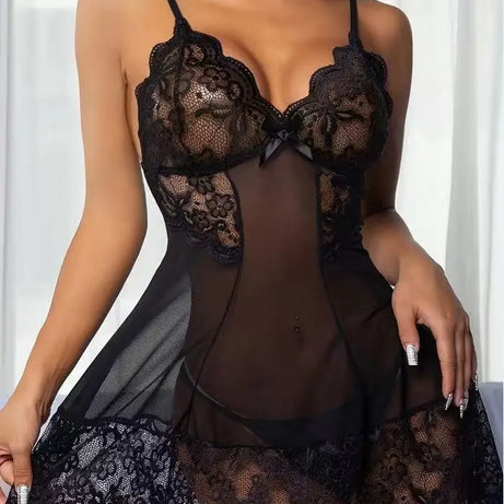 Pyjama femme sexy à nœud en dentelle, pyjamas, mini-robes, grandes tailles, lingerie décolletée, ensemble de pyjama sexy