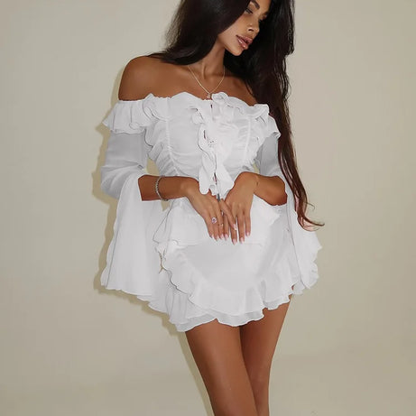 Ensembles pour femmes Ahagaga Fashion, manches longues, coupe slim unie, bretelles croisées, col bateau transparent.