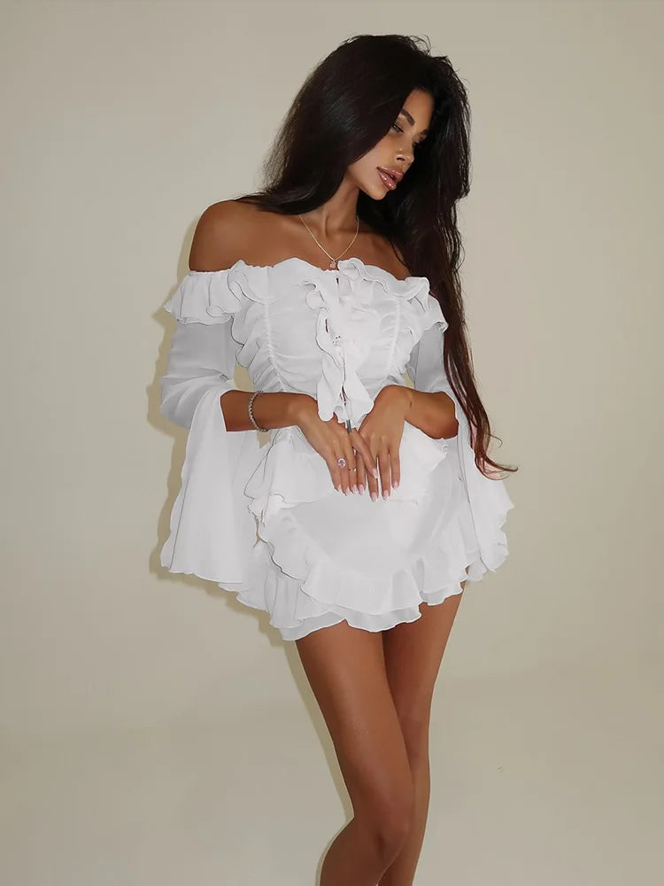 Ensembles pour femmes Ahagaga Fashion, manches longues, coupe slim unie, bretelles croisées, col bateau transparent.