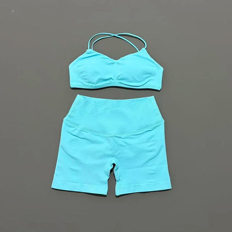 Ensemble de sport HISTELLO Vision 2 pièces pour femme : soutien-gorge de yoga à bretelles, short froncé, tenue de fitness et ensemble de yoga sans coutures.