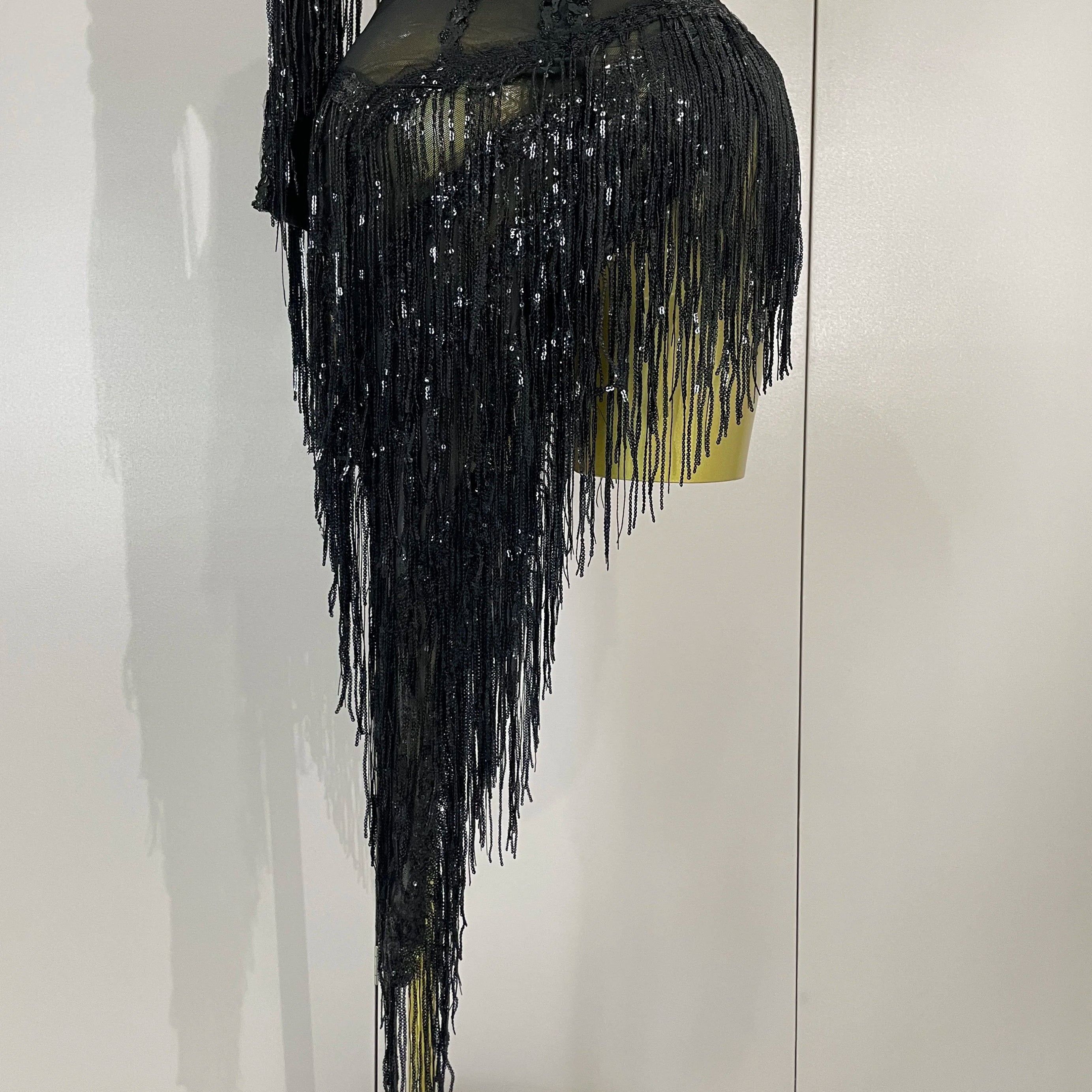 New Stage Costume Sparkly Rhinestones Tassel Sexy See-Through Dress Women One Shoulder Latin Dance Bars Nightclub Party Outfits