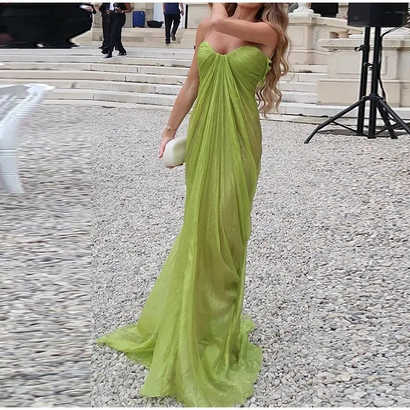 Vestidos de fiesta plisados ​​verdes 2026, nuevos vestidos de verano para mujer, sexys, sin hombros, sin espalda, con tirantes, vestidos largos lisos para mujer