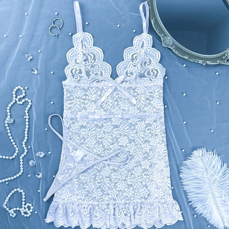 Robe courte sexy transparente sans manches et dos nu, pyjama porno en dentelle florale, nuisette érotique + string