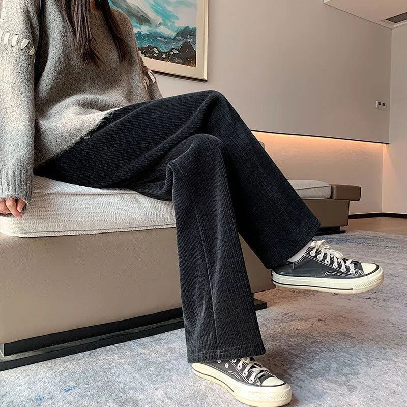Pantalon polaire femme jambes larges, pantalon long d'hiver taille haute, coupe ample et décontractée