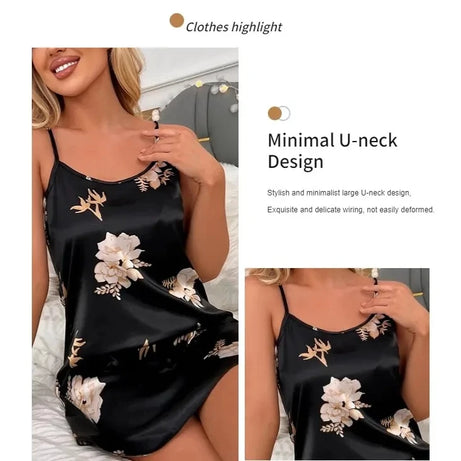 Vêtements de nuit pour femmes, vêtements d'intérieur, nuisette sexy noire à imprimé floral, chemises de nuit en soie, chemises de nuit pour femmes