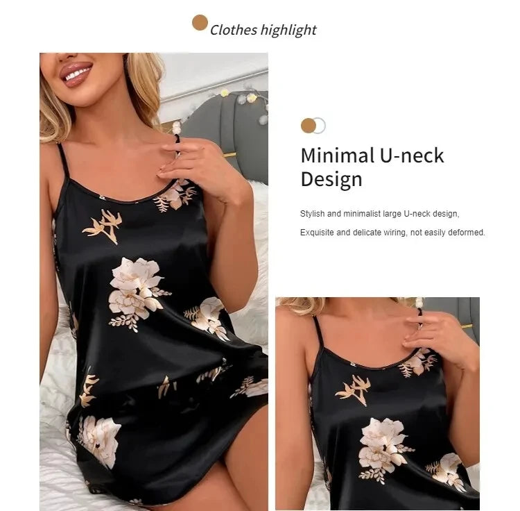 Vêtements de nuit pour femmes, vêtements d'intérieur, nuisette sexy noire à imprimé floral, chemises de nuit en soie, chemises de nuit pour femmes