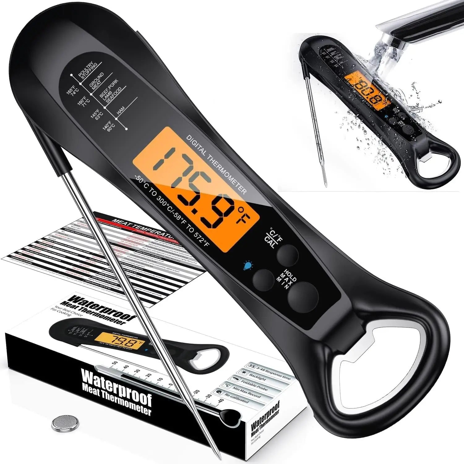 Thermomètre à viande à lecture instantanée pour la cuisson, thermomètre alimentaire numérique rapide et précis avec rétroéclairage, aimant, étalonnage, cuisine