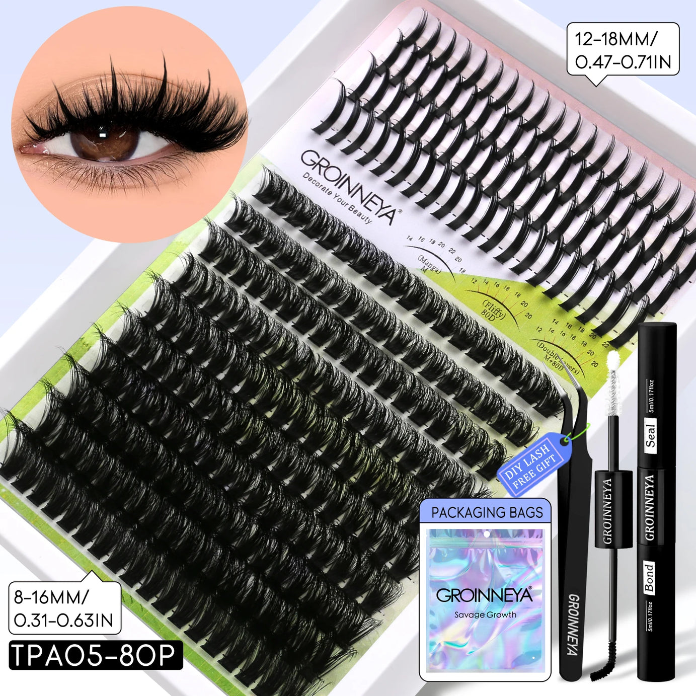 GROINNEYA Lash Clusters Kit DIY Manga Cluster Lashes Set Spikes Lashes Cluster Extension Full Set Individual Eyelashes Makeup