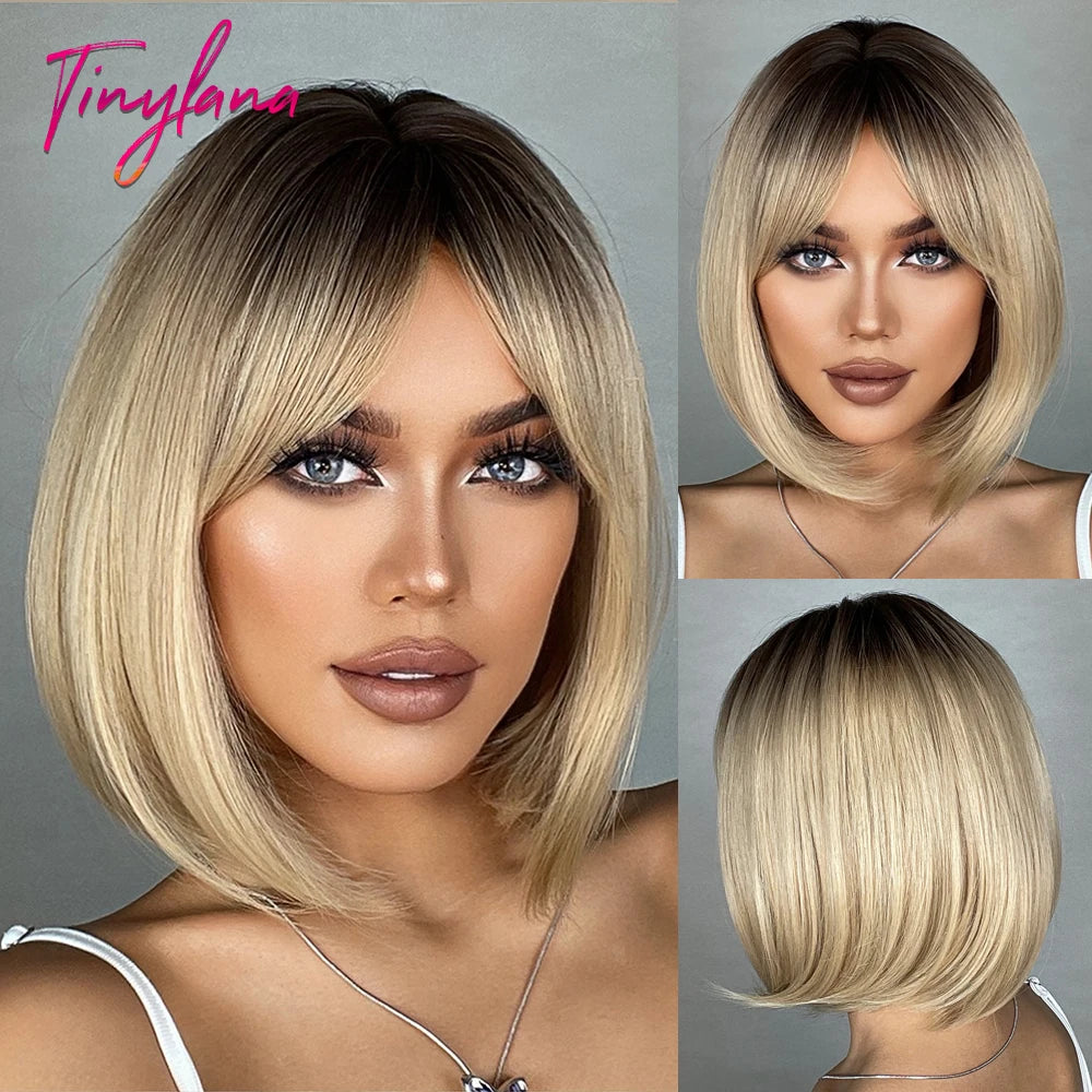Perruque synthétique blanche, blonde et grise avec frange, coupe courte et lisse, idéale pour le cosplay et le quotidien. Cheveux naturels et résistants à la chaleur.