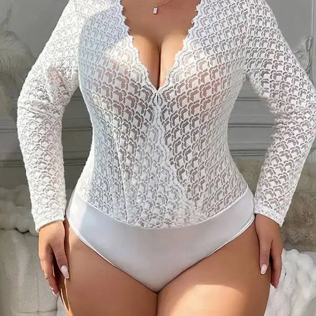 Sexy White Lace Sheer Bodysuits Elegant Long Sleeve New Hollow Out Inner Wear Women's Bodysuits Transparent V Neck Charming 8ABE