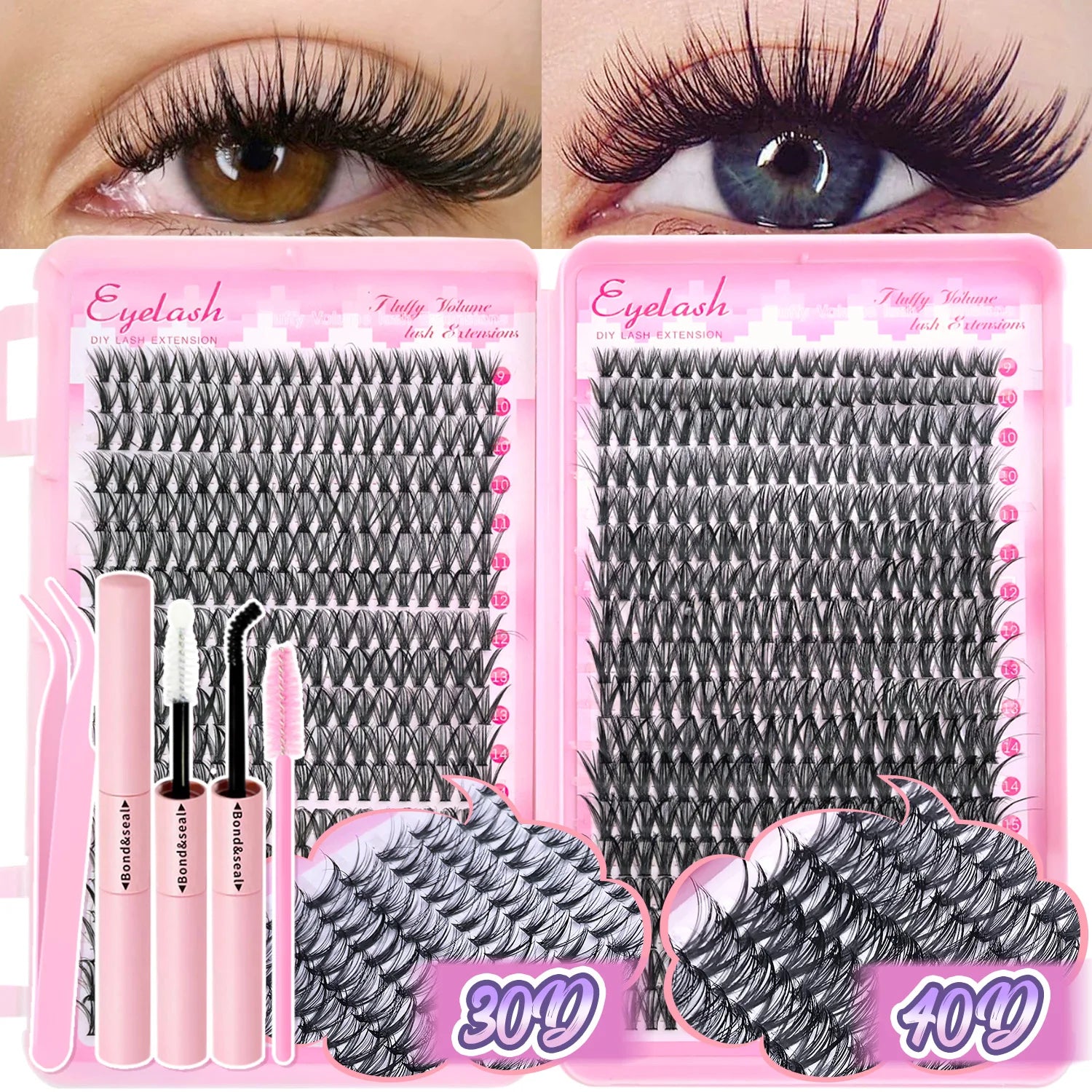 Kit d'extension de cils à faire soi-même : faux cils individuels de 9 à 16 mm avec colle et fixateur, effet naturel et vaporeux.