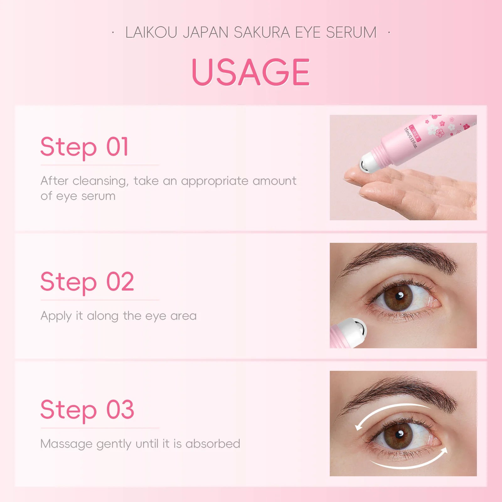 LAIKOU Sakura Eye Serum Roller Massage con ácido hialurónico para el cuidado de la piel, bolsas en los ojos, crema hidratante para ojeras 15 ml