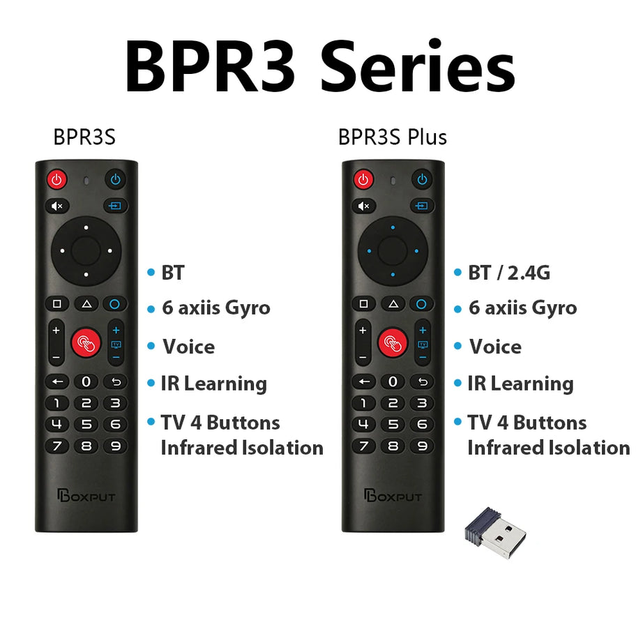 Télécommande sans fil BPR3S PLUS BT Air Mouse avec fonction vocale, apprentissage infrarouge et gyroscope pour boîtier TV Android/PC. Compatible avec les systèmes Android TV et Android TV.