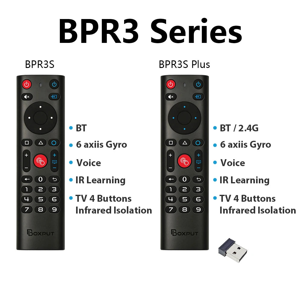 Télécommande sans fil BPR3S PLUS BT Air Mouse avec fonction vocale, apprentissage infrarouge et gyroscope pour boîtier TV Android/PC. Compatible avec les systèmes Android TV et Android TV.