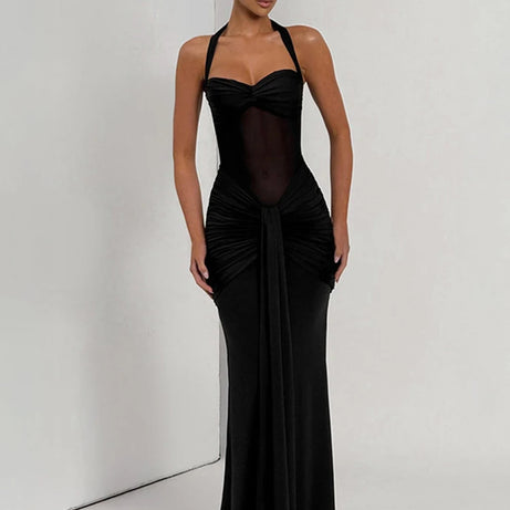 Robe maxi élégante patchwork pour femme, style classique et sexy, avec rubans transparents, dos nu et bretelles fines, coupe moulante, tendance festival et soirée.