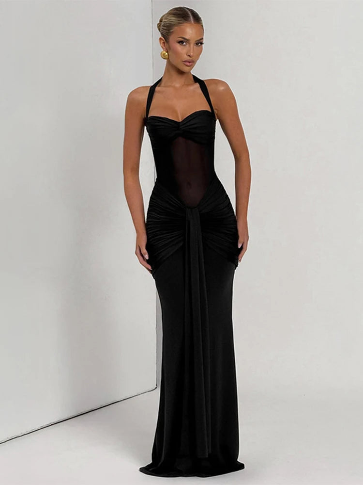 Robe maxi élégante patchwork pour femme, style classique et sexy, avec rubans transparents, dos nu et bretelles fines, coupe moulante, tendance festival et soirée.