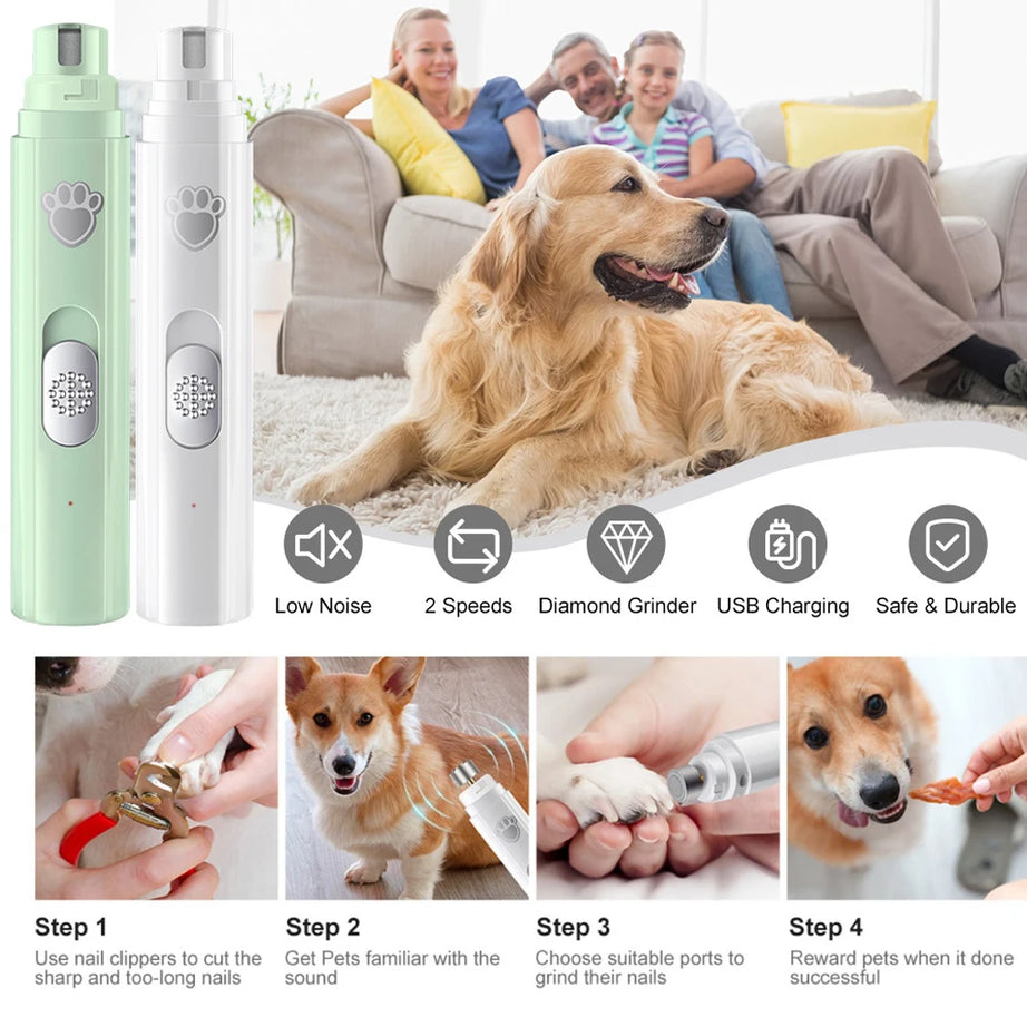Lime à ongles électrique pour chiens, rechargeable par USB, avec lumière LED, 2 vitesses et roue de polissage.