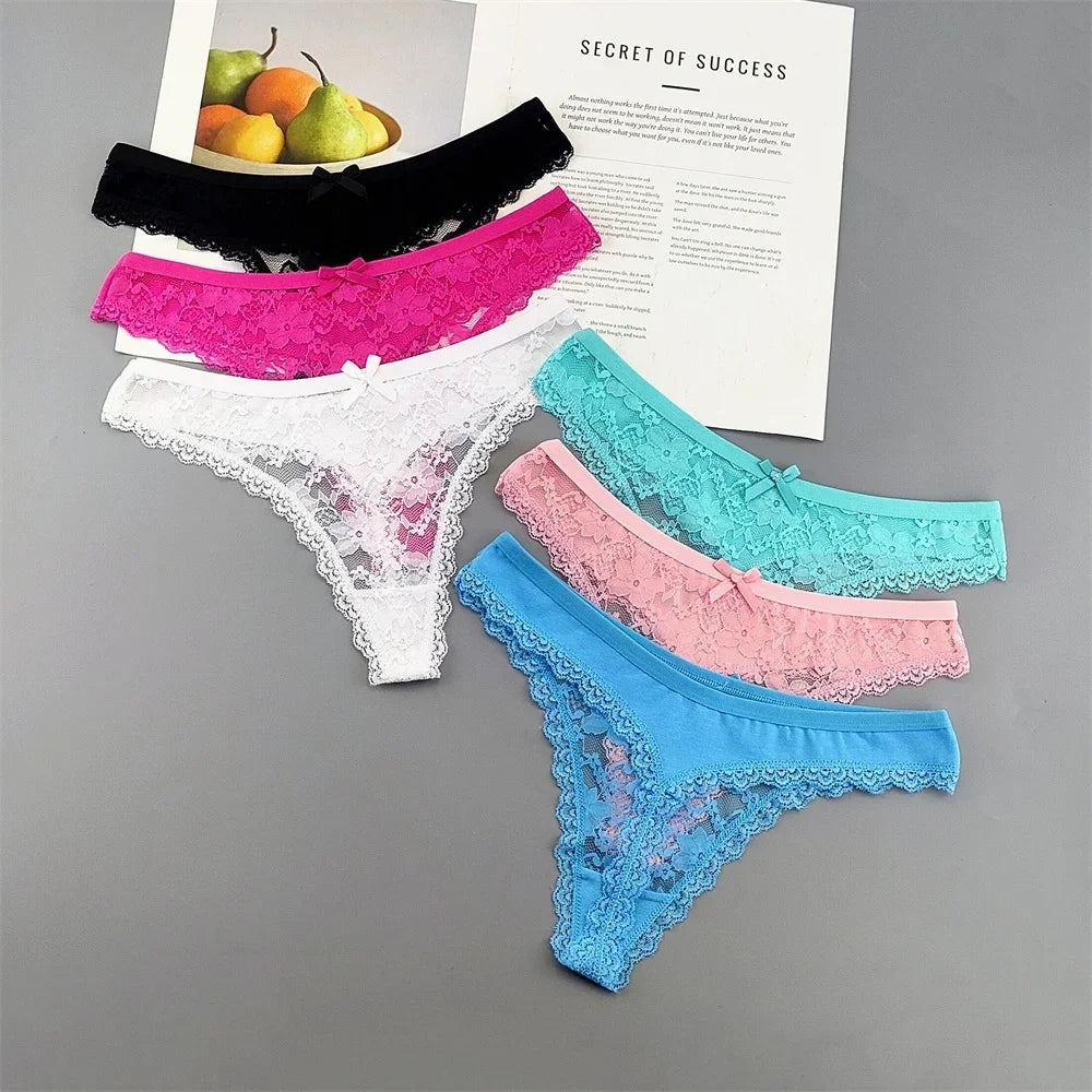 Lot de 3 culottes string sexy en dentelle transparente pour femme, sans coutures, style bikini, taille basse, tailles S à XXL