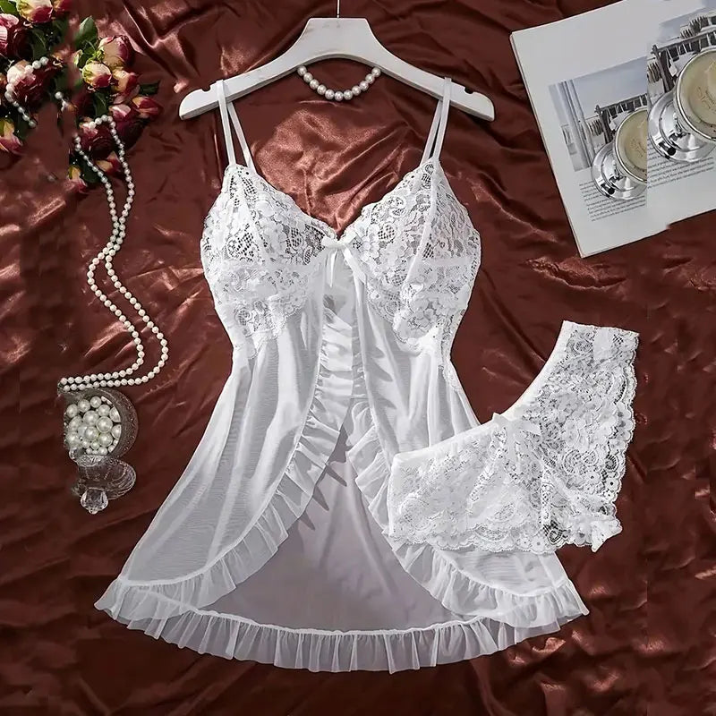 Robe de nuit d'été sexy et chaude, sans manches, dos nu, en dentelle transparente, couleur unie, pyjama doux, ensemble string court à col en V