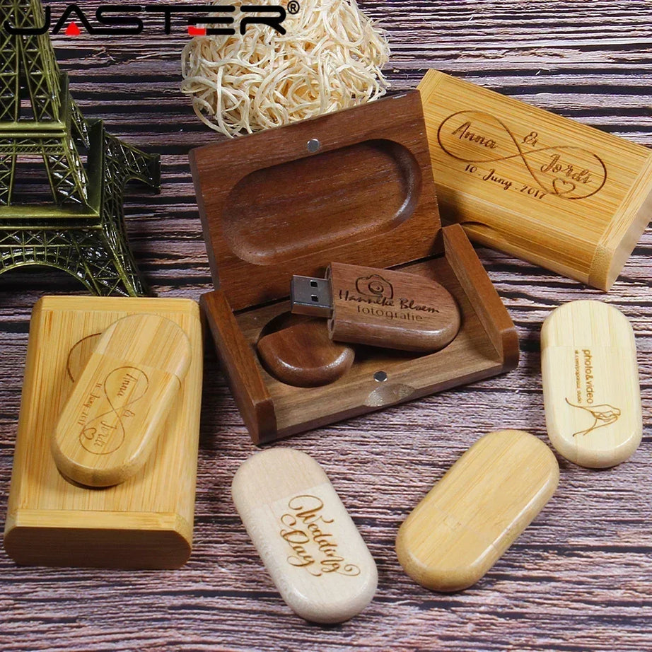 JASTER Lot de 10 clés USB 2.0 en bois (logo personnalisable) - 4 Go, 8 Go, 16 Go, 32 Go, 64 Go, 128 Go - Cadeau de mariage