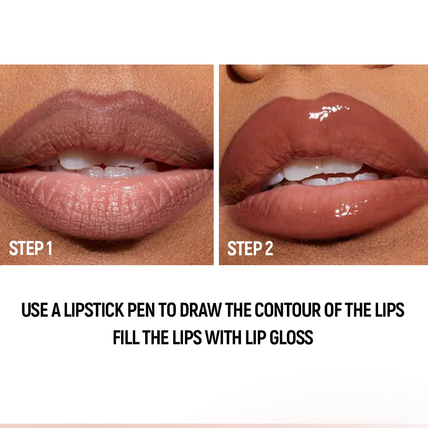 Crayon contour des lèvres noir et marron effilé, double embout miroir, effet repulpant, gloss cristal, maquillage pour des lèvres rouges sexy