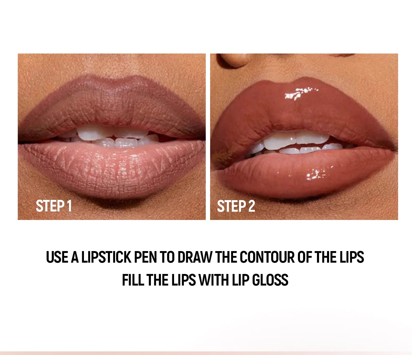Crayon contour des lèvres noir et marron effilé, double embout miroir, effet repulpant, gloss cristal, maquillage pour des lèvres rouges sexy