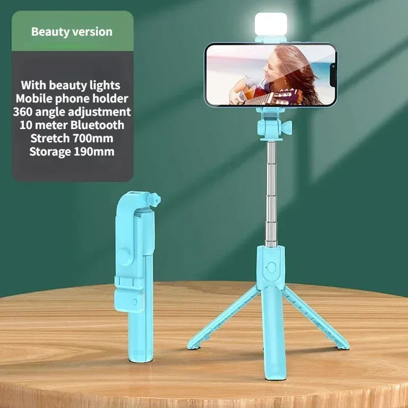 Perche à selfie sans fil avec trépied, lampe et télécommande Bluetooth extensible pour iPhone et streaming TikTok en direct