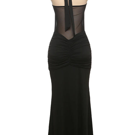 Robe maxi élégante patchwork pour femme, style classique et sexy, avec rubans transparents, dos nu et bretelles fines, coupe moulante, tendance festival et soirée.