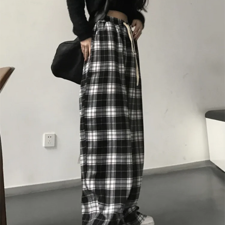 Pantalon de survêtement oversize pour femme, style tendance, à carreaux noirs, coupe ample, taille élastique, poches, style hip-hop unisexe, coupe ample.