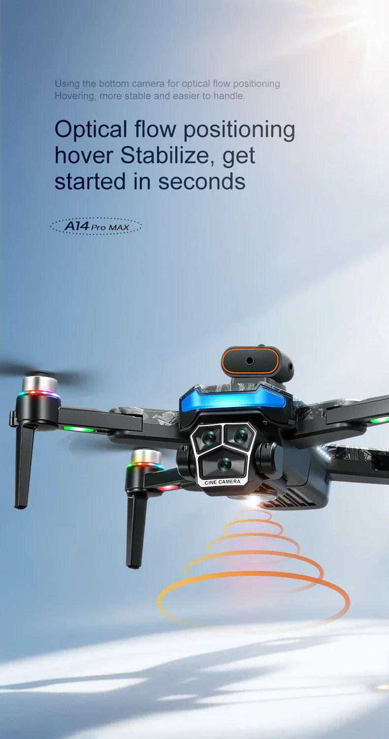 Véritable quadricoptère RC pliable A14 Pro Max GPS Brushless 8K avec trois caméras, détection d'obstacles et écran, pour une portée optimale.