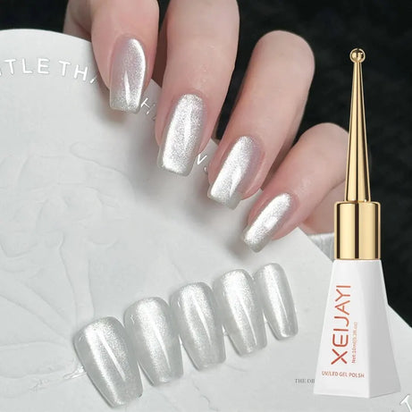 Vernis à ongles gel holographique à paillettes effet miroir blanc porcelaine, effet œil de chat, 10 ml, effet galactique magnétique, à dissoudre sous une lampe UV LED.