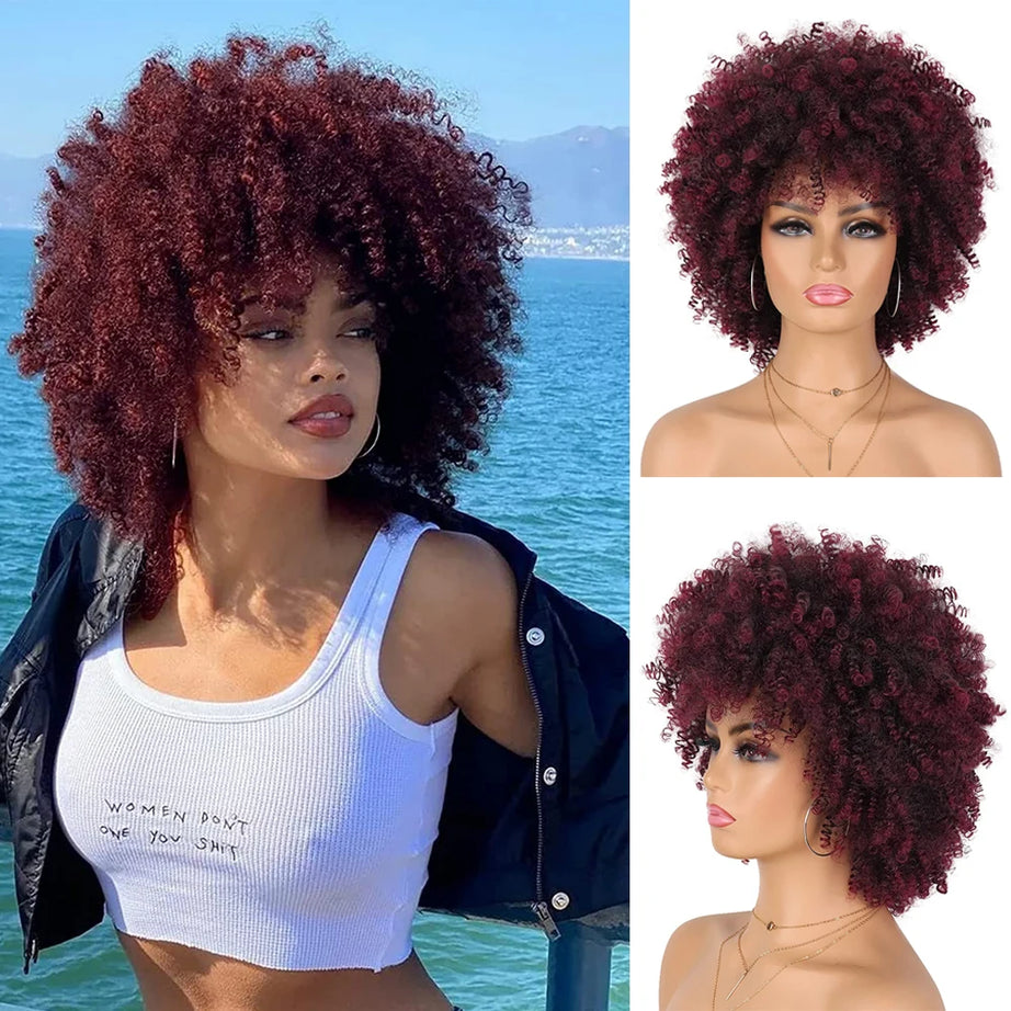 Perruque synthétique afro courte et frisée avec frange, 30 cm, pour femmes noires. Naturelle, sans colle, résistante à la chaleur, idéale pour les soirées et les fêtes.