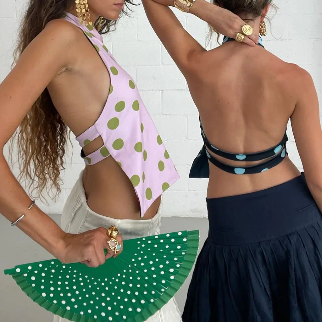 Combhasaki Débardeurs d'été pour femmes, style années 2000, à boutons, col halter, sans manches, dos nu, imprimé à pois/fleurs tie-dye