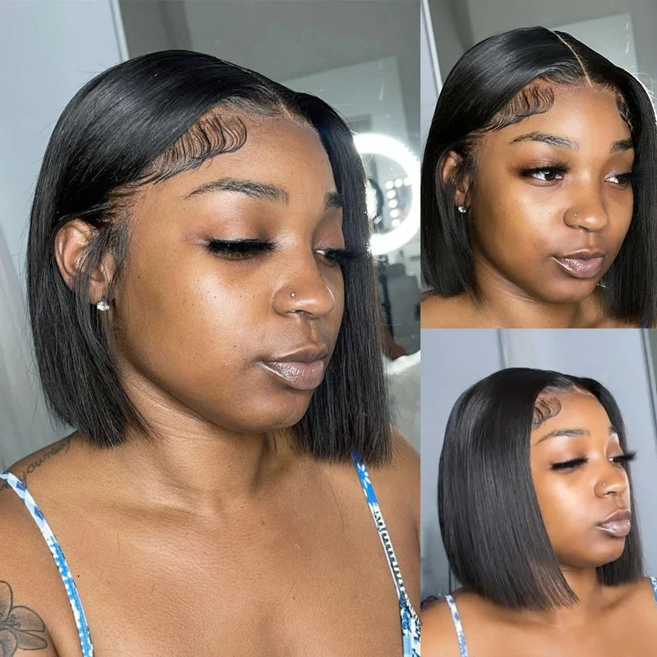 Perruque courte et lisse 13x4 avec lace front transparente 4x4, densité 200%, 100% cheveux humains, pré-épilée, pour femmes noires, 12 à 16 pouces.