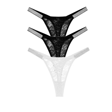 Lot de 3 strings sexy en dentelle pour femme, culottes fleuries transparentes, taille basse, deux ceintures brillantes, string confortable, lingerie intime