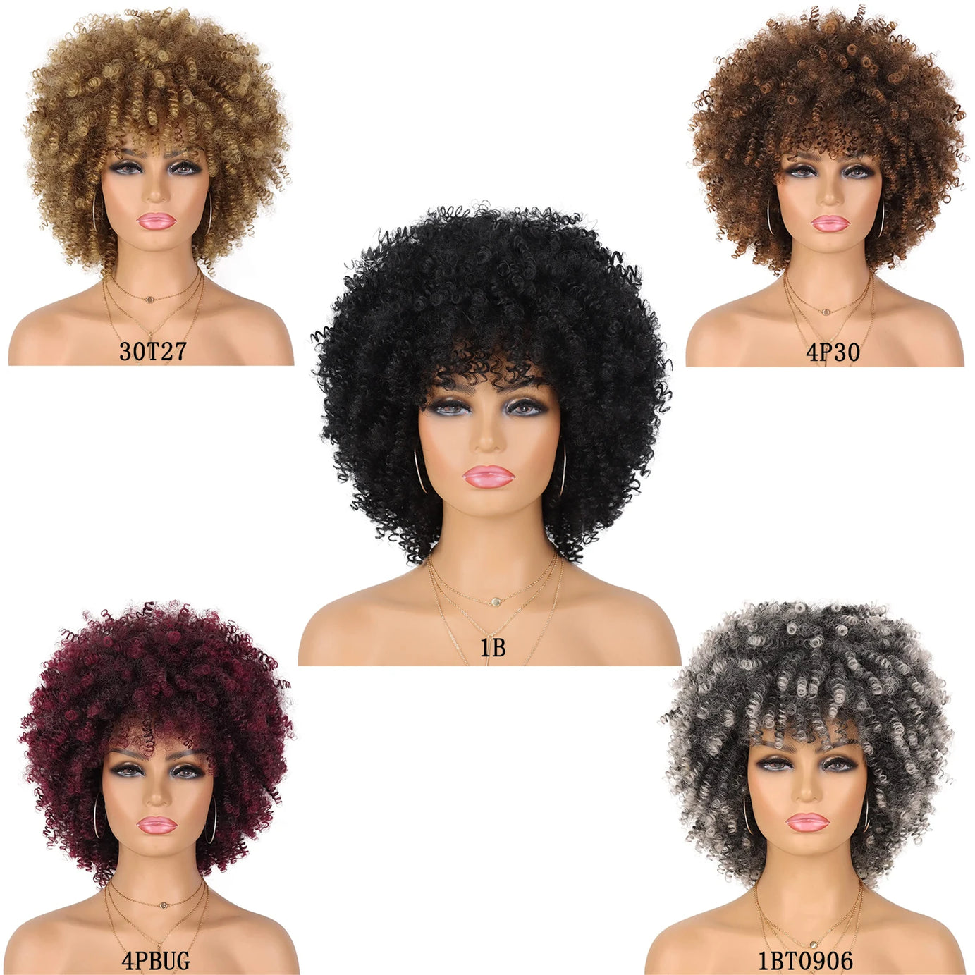 Perruque synthétique afro courte et frisée avec frange, 30 cm, pour femmes noires. Naturelle, sans colle, résistante à la chaleur, idéale pour les soirées et les fêtes.