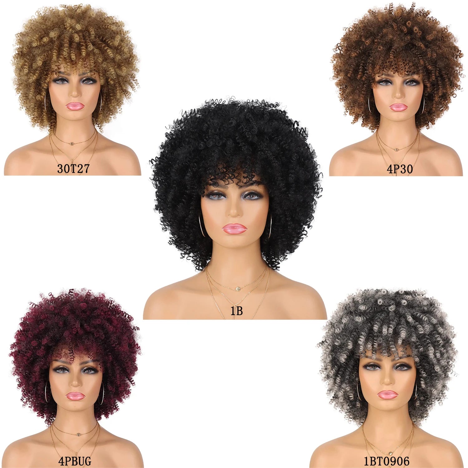 Perruque synthétique afro courte et frisée avec frange, 30 cm, pour femmes noires. Naturelle, sans colle, résistante à la chaleur, idéale pour les soirées et les fêtes.