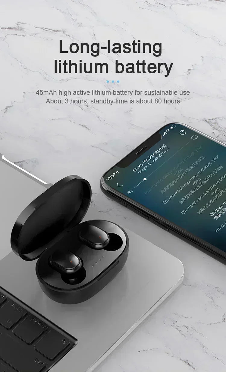 Écouteurs Bluetooth TWS sans fil avec microphone et réduction de bruit, compatibles avec les smartphones (modèle A6S).
