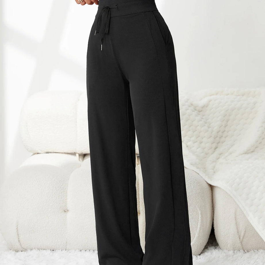 Pantalon rayé taille haute à cordon de serrage pour femme – Tissu drapé très extensible, coupe amincissante, idéal pour les loisirs et les trajets quotidiens