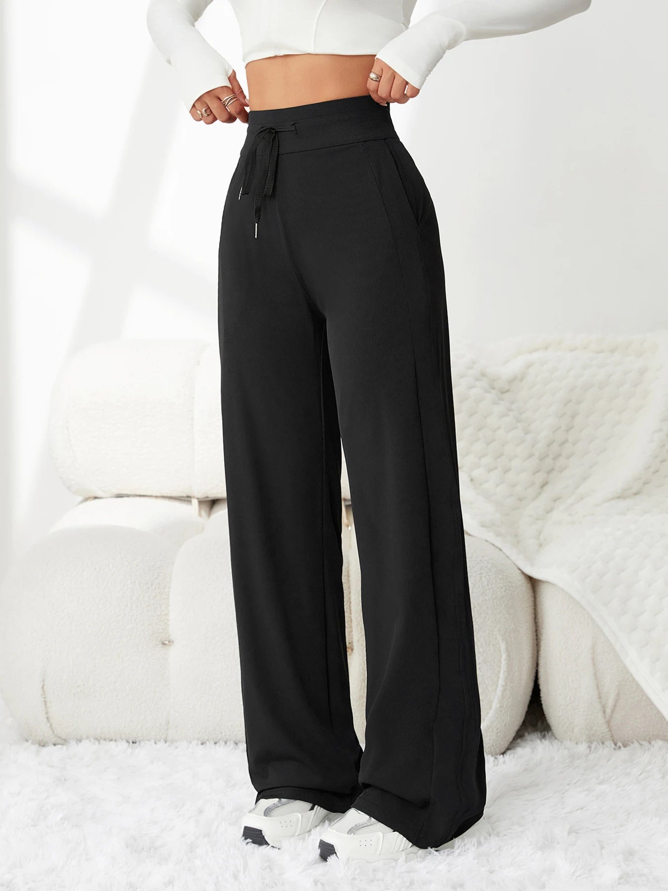 Pantalon rayé taille haute à cordon de serrage pour femme – Tissu drapé très extensible, coupe amincissante, idéal pour les loisirs et les trajets quotidiens