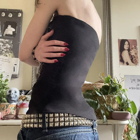 Débardeur noir sans bretelles à imprimé gothique pour femme, coupe skinny, court, style décontracté chic estival, streetwear Y2K, basique